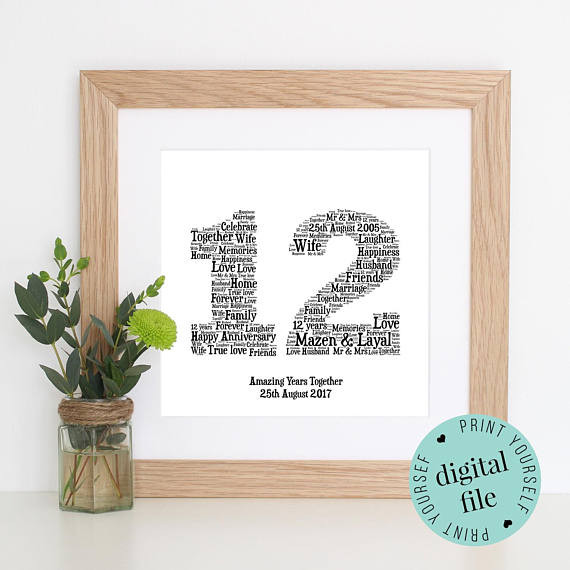 12Th Anniversary Gift Ideas
 Personalised 12th ANNIVERSARY GIFT Word Art Printable Gift
