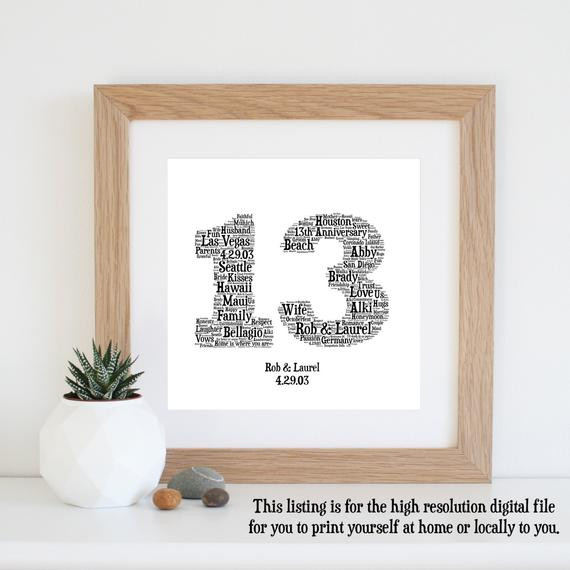 13Th Anniversary Gift Ideas
 Personalised 13th ANNIVERSARY GIFT Word Art by WordlyDesigns