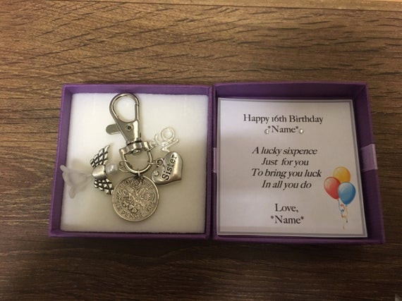 16th Birthday Gifts For Her
 Personalised 16th birthday t lucky sixpence keyring handbag