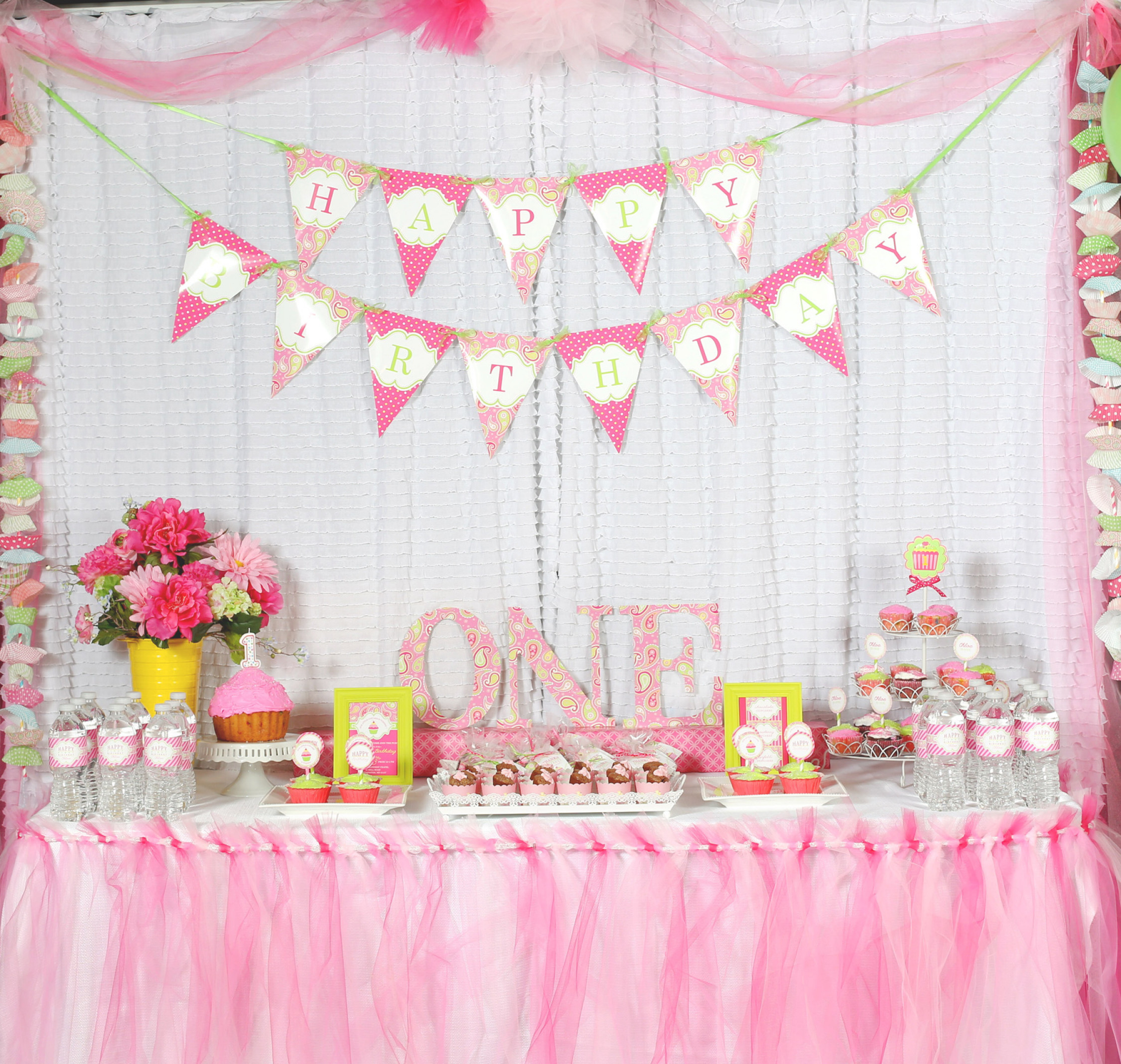 1st Birthday Decorations Girl
 A Cupcake Themed 1st Birthday party with Paisley and Polka