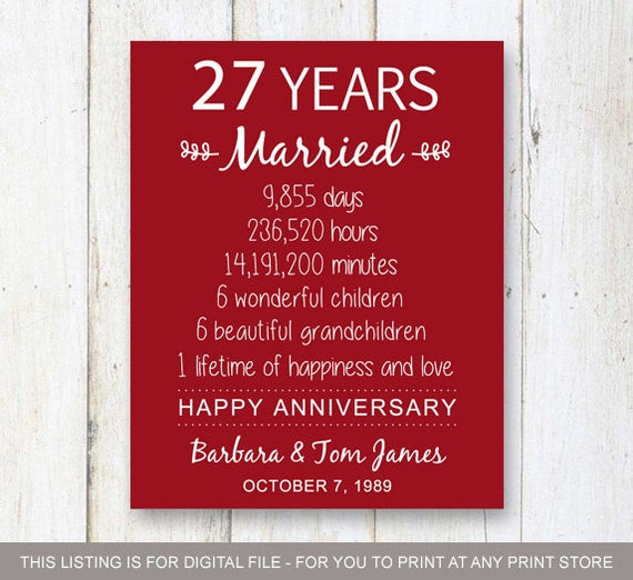 27Th Anniversary Gift Ideas
 27th wedding anniversary Gift for Parents 27 years Wedding