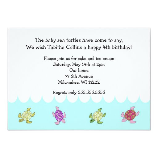 4th Birthday Invitation Wording
 Girl Sea Turtles 4th Birthday Party Invitation