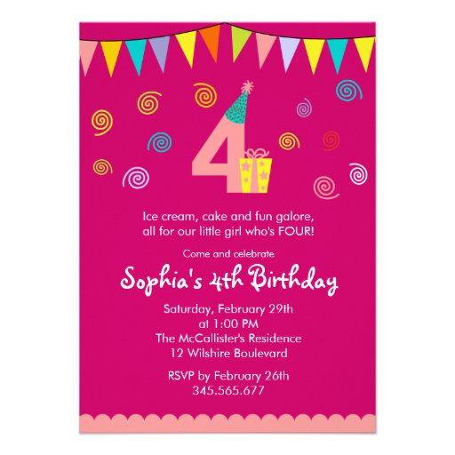 4th Birthday Invitation Wording
 4th Birthday Girl s Cute Pink Party Invitation 4 5" X 6 25