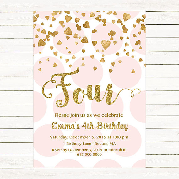4th Birthday Invitation Wording
 Pink and Gold 4th Birthday Invitation Girl Any Age Pink Gold