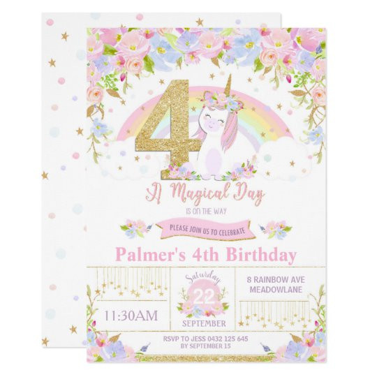 4th Birthday Invitation Wording
 Unicorn 4th Birthday Invitation Floral Rainbow