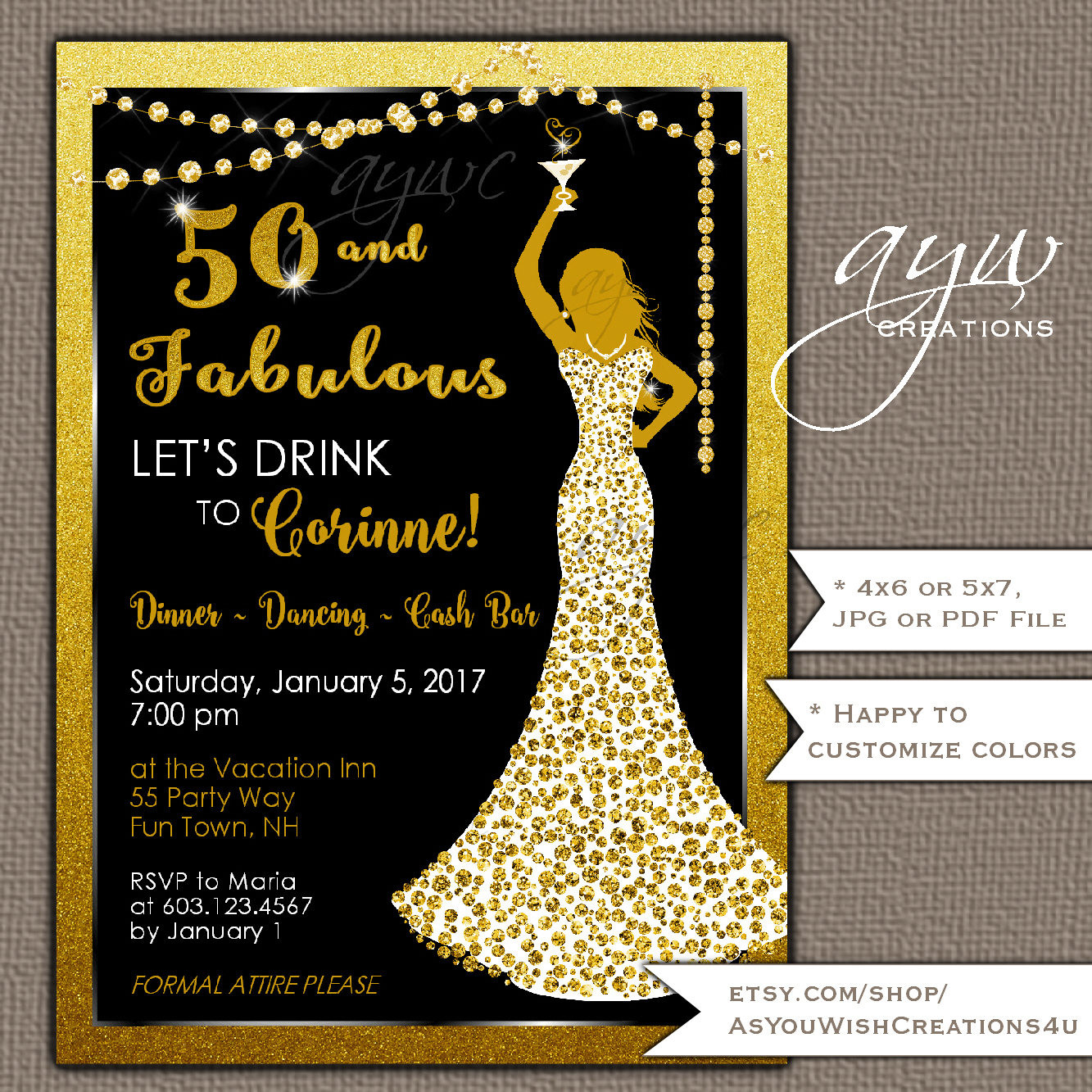 50Th Birthday Party Invitation Ideas
 50th Birthday Party Invitations Woman Bling Dress 40th Womans