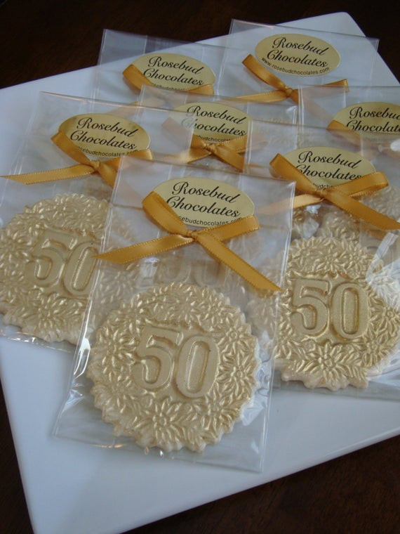 50th Wedding Anniversary Favors
 8 Chocolate 50 Gold Dusted Decorative Favors by