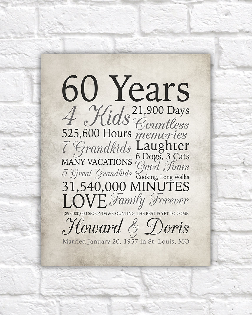 60Th Anniversary Gift Ideas For Parents
 60th Anniversary Gift 60 Years Married or Any Year Gift for
