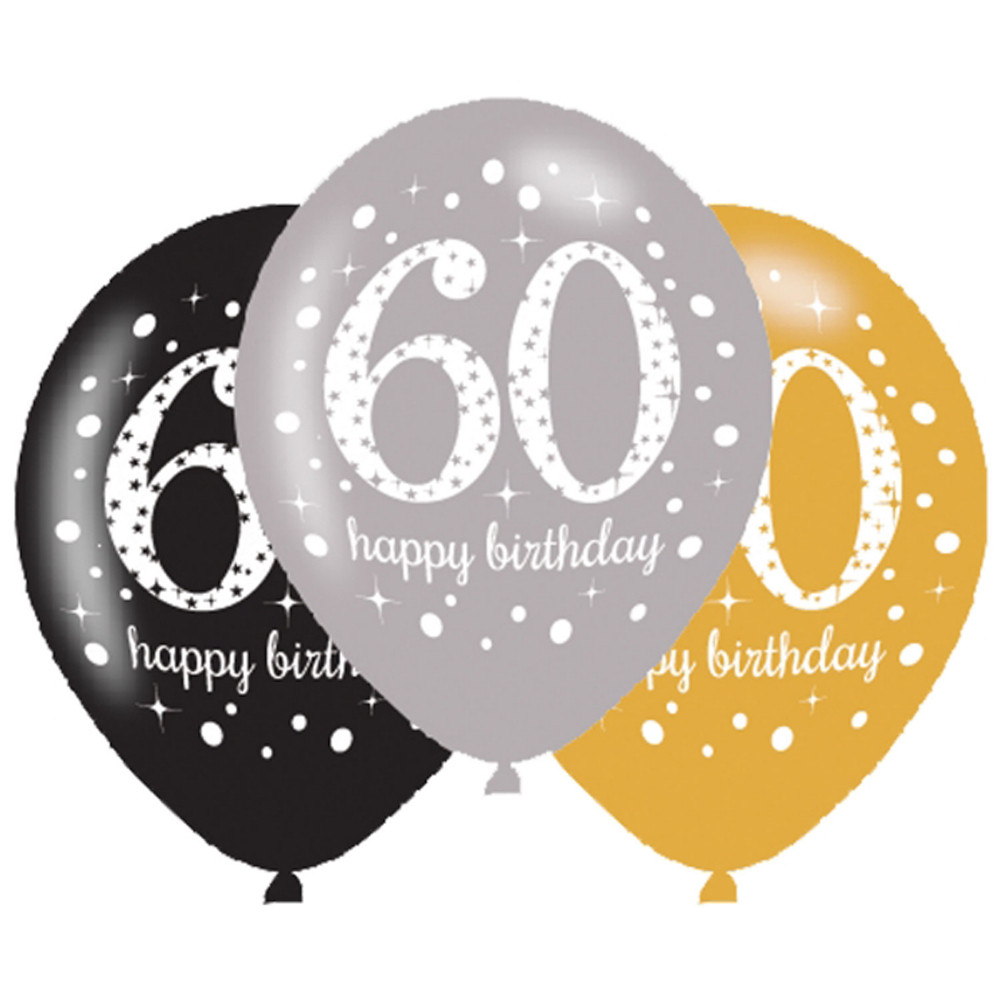 60th Birthday Decorations
 6 x 60th Birthday Balloons Black Silver Gold Party