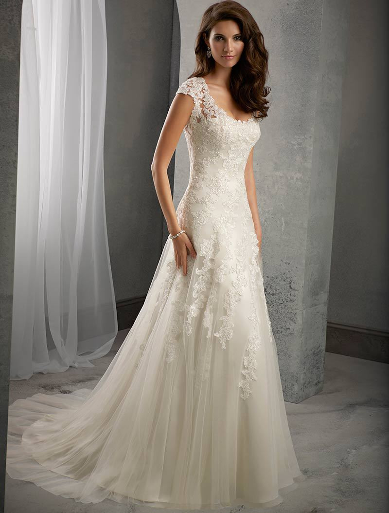 A Line Lace Wedding Dress
 Ivory Lace Cap Sleeves Court Train Wedding Mermaid Dress