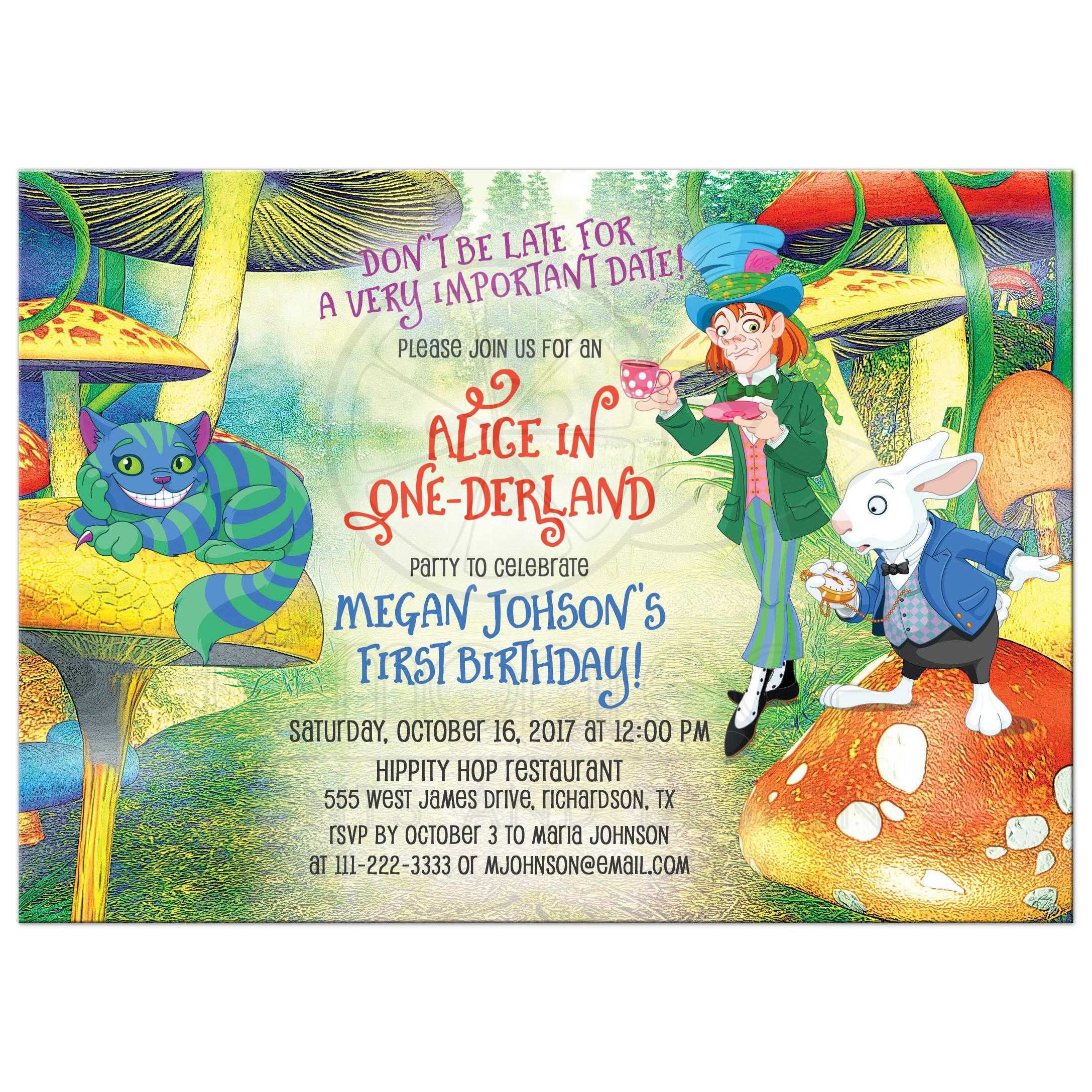 Alice In Wonderland Birthday Party Invitations
 Alice in Wonderland 1st Birthday Party Invitation