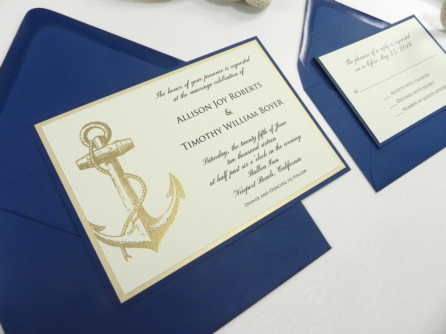 Anchor Wedding Invitations
 Nautical Wedding Invitation 4 PC Suite with Gold Embossed