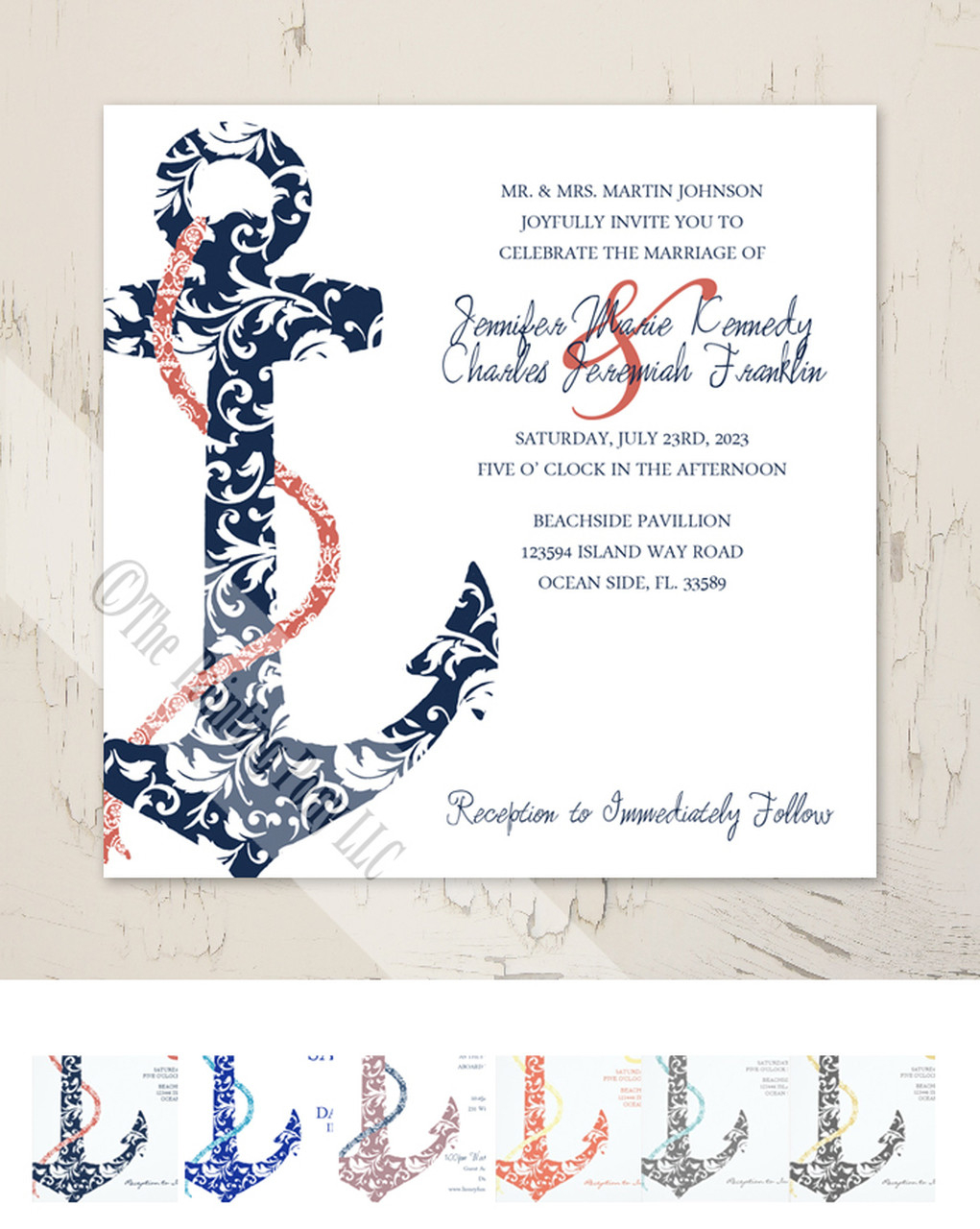 Anchor Wedding Invitations
 ON SALE Navy and Coral Anchor Wedding Invitation 25pk