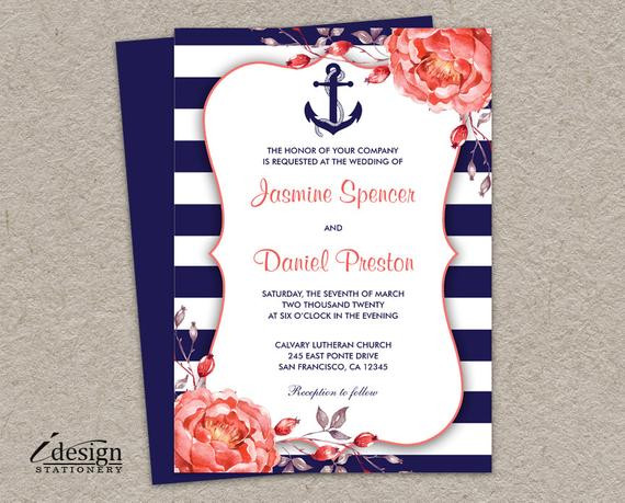 Anchor Wedding Invitations
 Nautical Wedding Invitation Printable Navy Blue And Coral