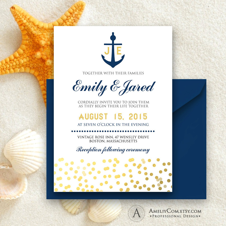 Anchor Wedding Invitations
 Printable Nautic Wedding Invitation Navy Anchor & Gold