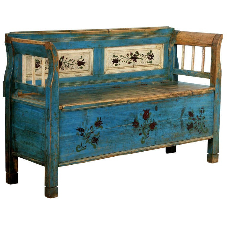 Antique Wood Storage Bench
 Antique Original Painted Small Romanian Bench with Storage
