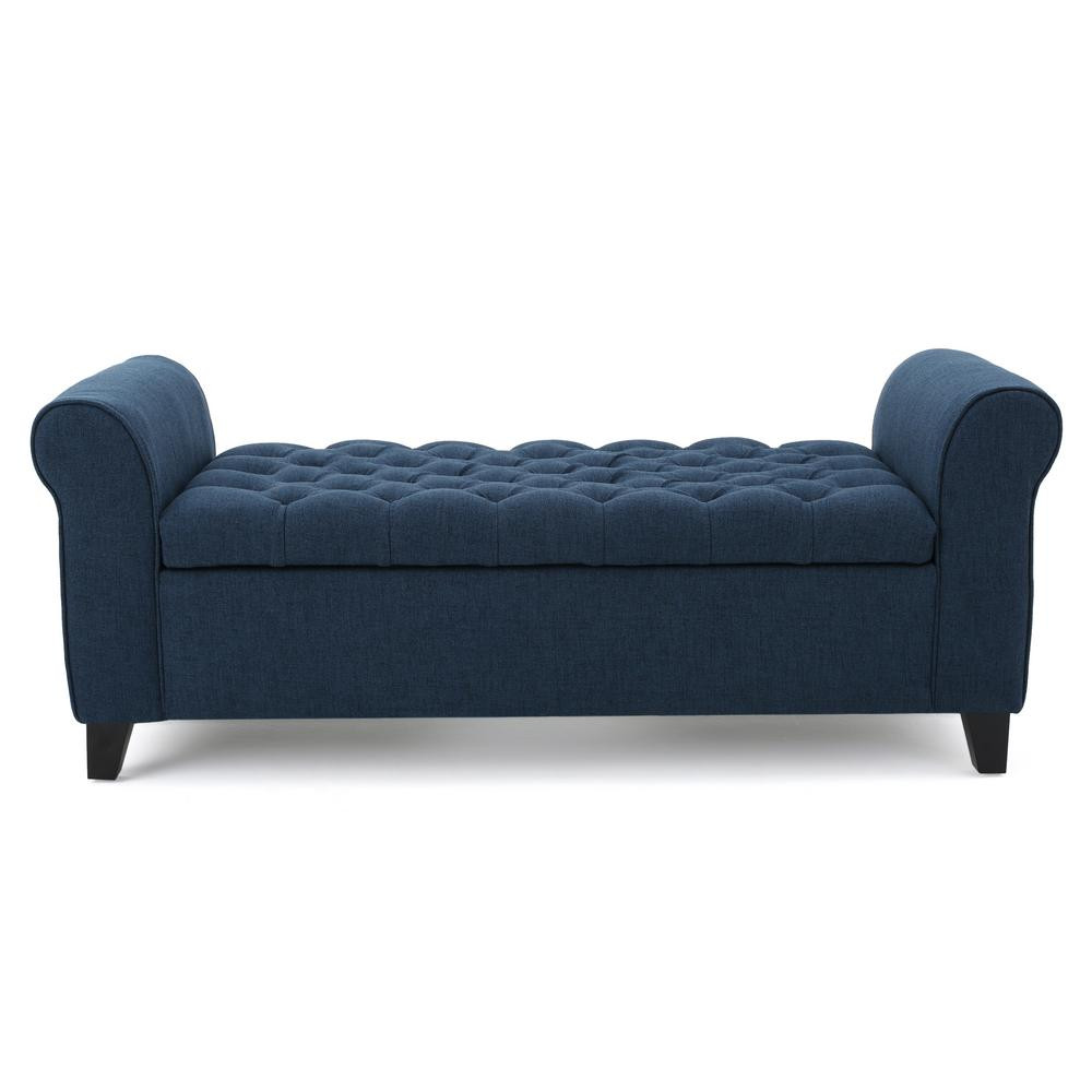 Armed Storage Bench
 Noble House Keiko Tufted Dark Blue Fabric Armed Storage