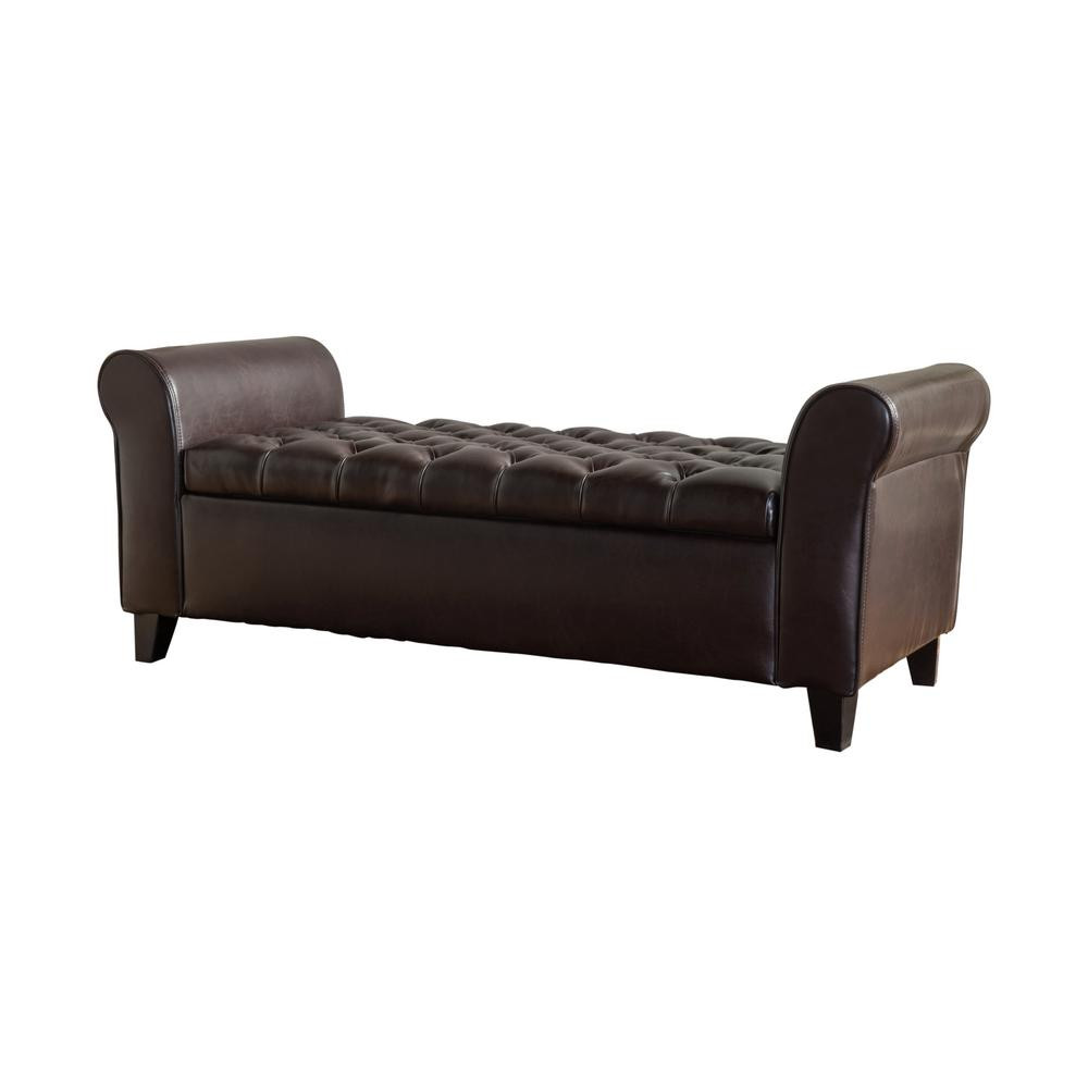 Armed Storage Bench
 Noble House Keiko Tufted Brown Leather Armed Storage Bench
