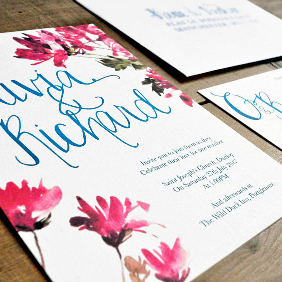 B Wedding Invitations
 watercolour floral and calligraphy wedding invitation by