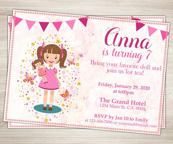 Baby Girl Birthday Invitations
 Baby Doll Party Invitation Doll Girl 7th Birthday Invitation