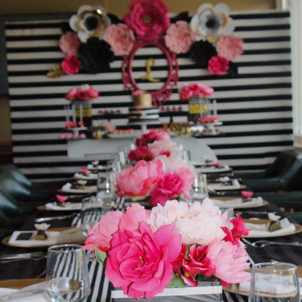 Backyard Graduation Party Ideas Pink And Black Gold Table Set Up
 Floral table at a black white pink and gold birthday