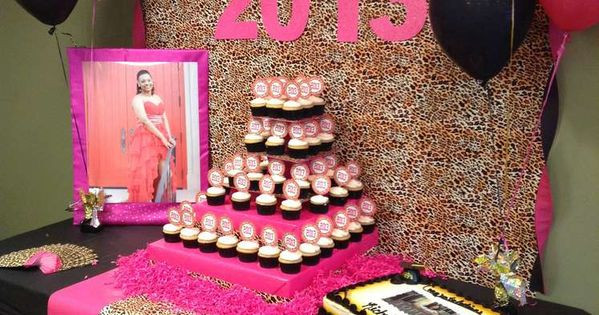 Backyard Graduation Party Ideas Pink And Black Gold Table Set Up
 Hot pink gold black and leopard print Graduation End of