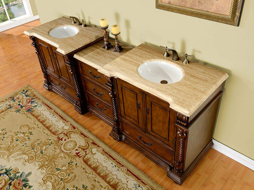 Bathroom Cabinets And Countertops
 92" Double Sink Bathroom Vanity Travertine Stone
