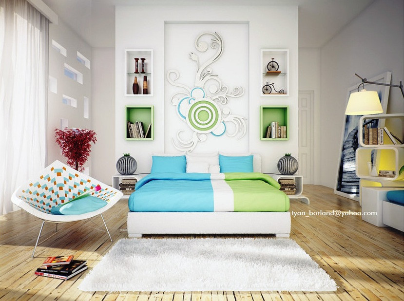 Bedroom Feature Wall Ideas
 green blue white contemporary bedroom