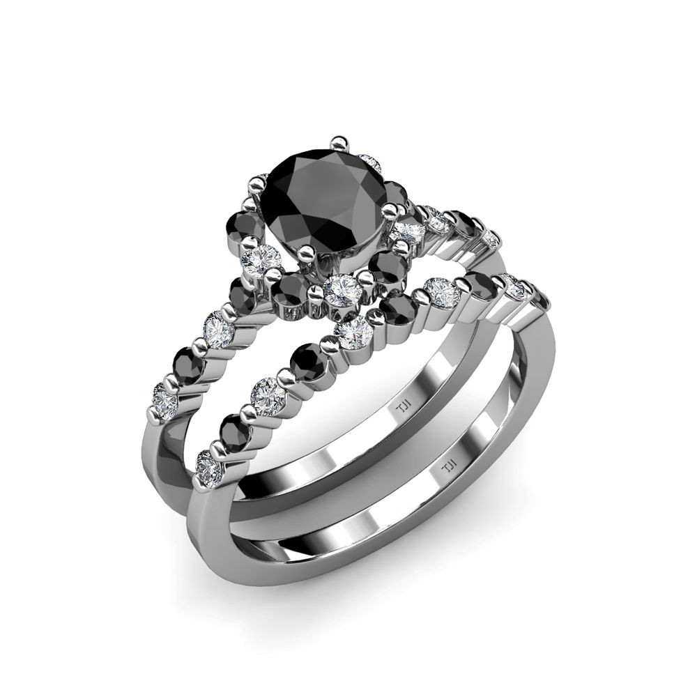 Black And White Wedding Rings
 Black & White Diamond Halo Bridal Ring & Wedding Band Set