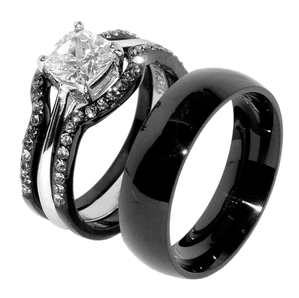 Black And White Wedding Rings
 His & Hers 4 PCS Black IP Stainless Steel Wedding Ring Set