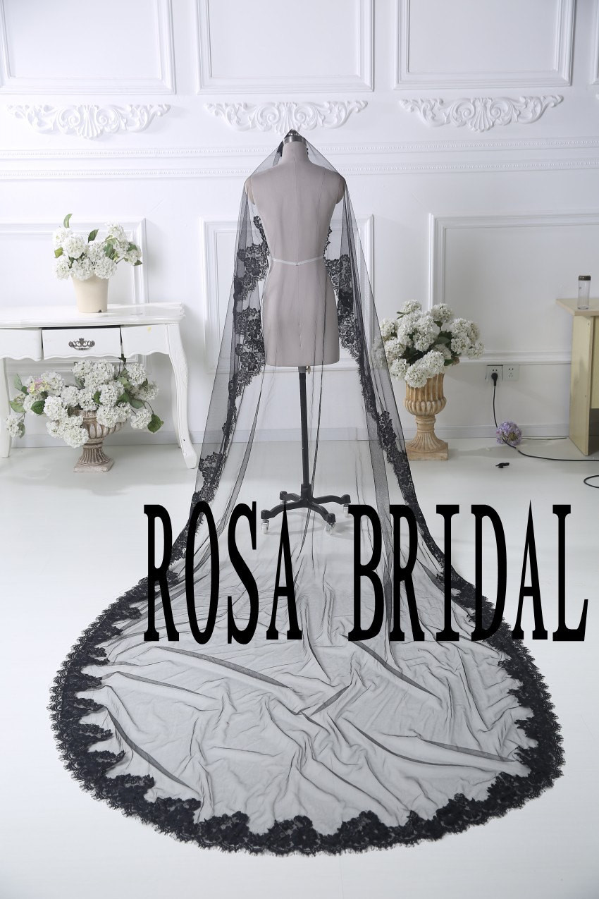 Black And White Wedding Veil
 Black Lace edge Bridal veil cathedral Black wedding by