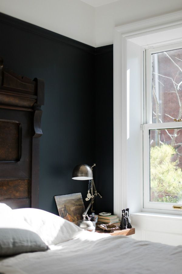 Black Painted Bedroom
 The calmness in this bedroom the dark paint the