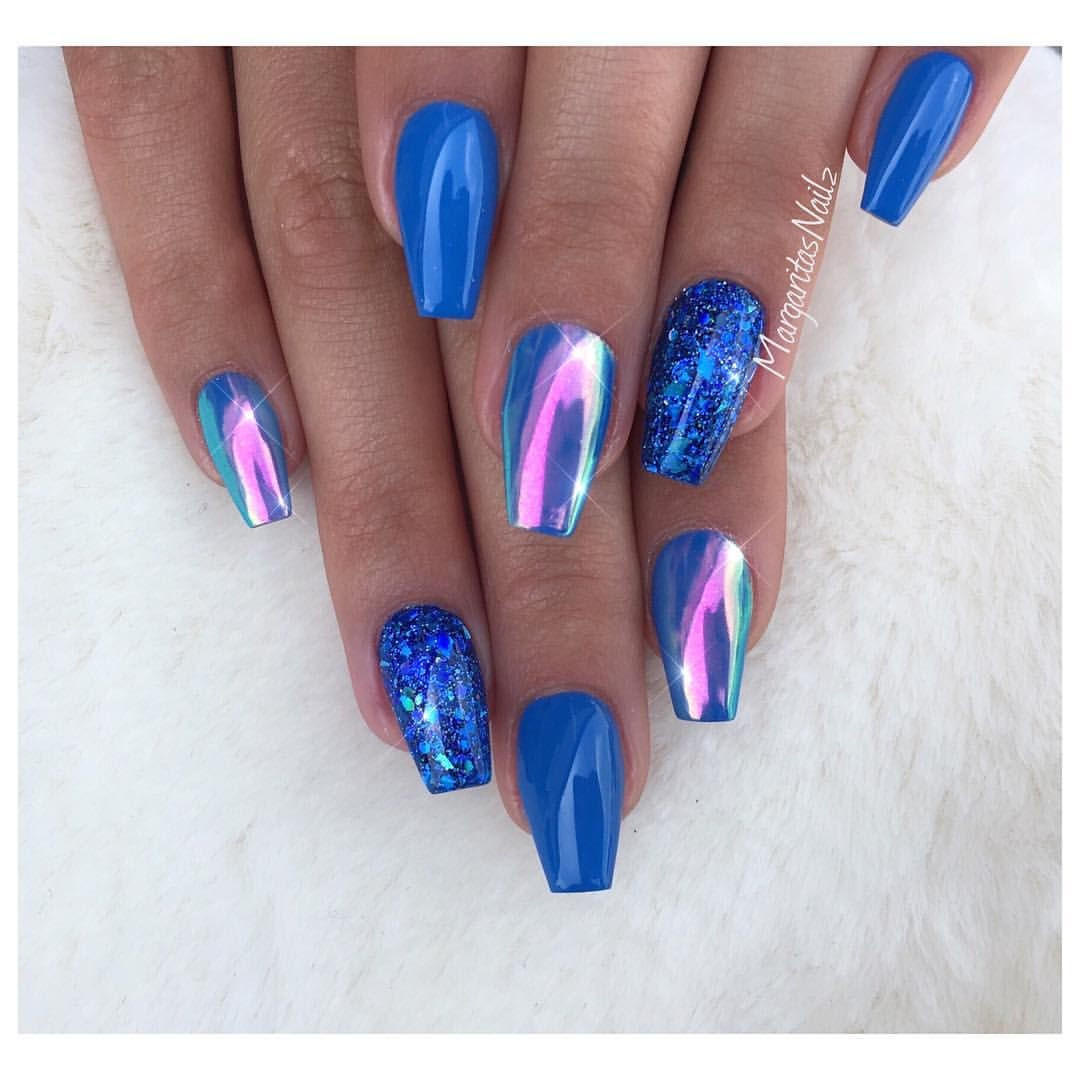Blue Gel Nail Designs
 Blue coffin nails Rainbow chrome nail art design