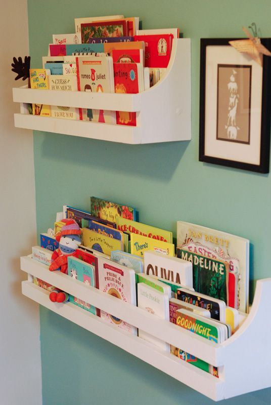 Bookshelf Kids Room
 Bookshelves – screwed to the wall these are a great space
