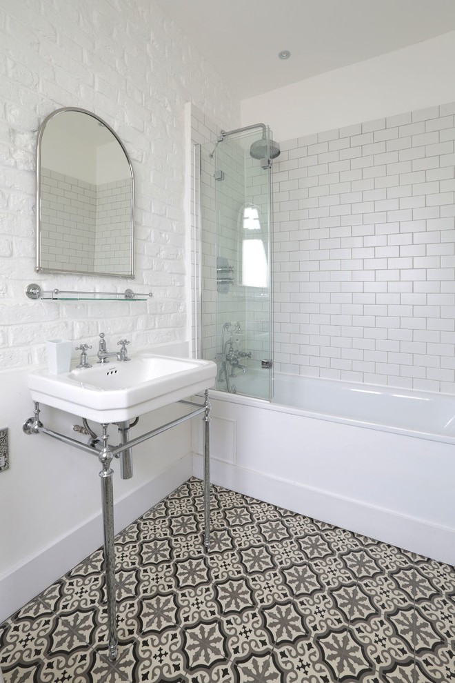 Brick Tile Bathroom
 Brick Pattern Tile with Floor Walls Marble Counter Iron