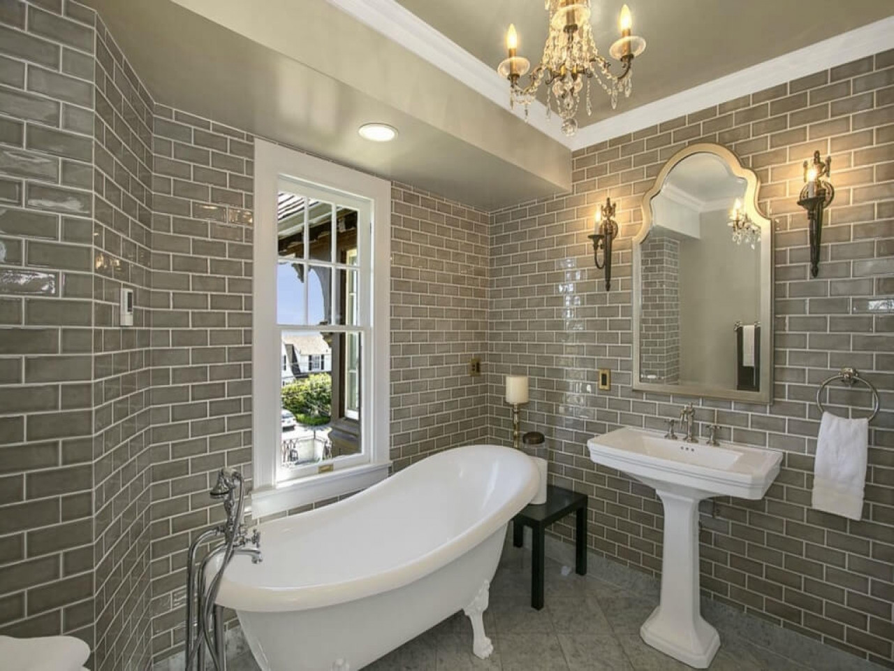 Brick Tile Bathroom
 Pedastal tub grey brick tiles bathroom natural bathroom