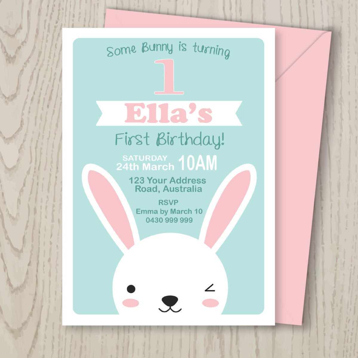 Bunny Birthday Invitation
 Bunny Rabbit Woodland Party Invitation DIGITAL FILE by