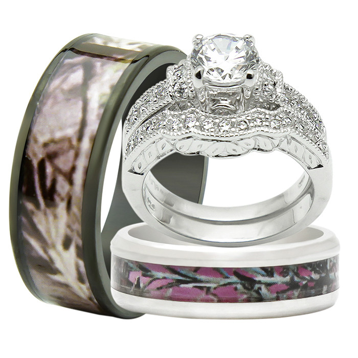 Camo Wedding Rings For Her
 4pcs His & Hers Titanium Camo 925 Sterling Silver Wedding