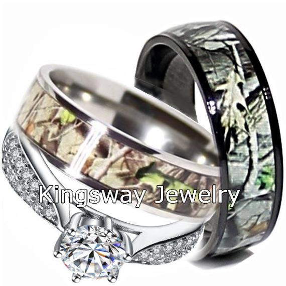 Camo Wedding Rings For Her
 Camo Wedding Ring Set for Him and Her Titanium Black IP