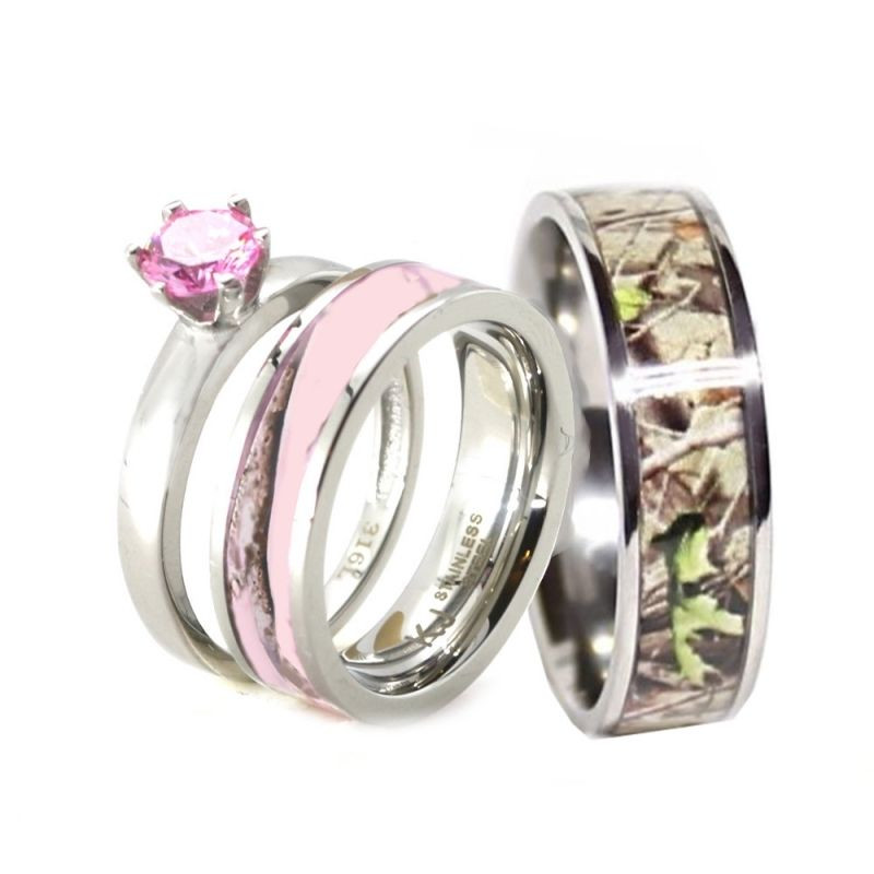Camo Wedding Rings For Her
 HIS & HER Pink Camo Band Engagement Wedding Ring Set