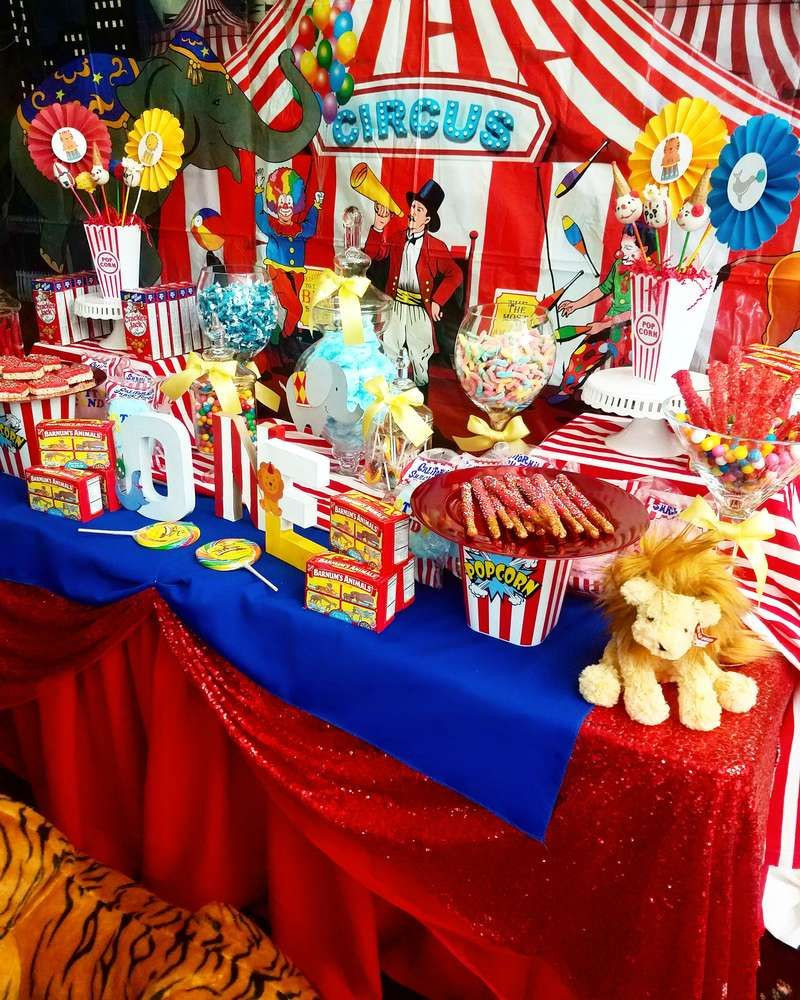 Carnival Birthday Decorations
 The dessert table at this Circus Carnival Birthday Party