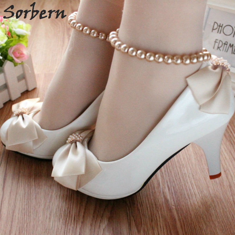 Cheap White Wedding Shoes
 Sorbern Champagne Bow White Wedding Shoes Beading Ankle