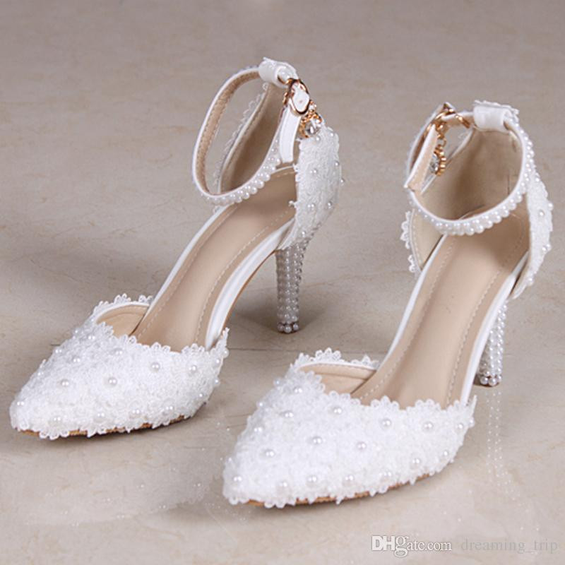 Cheap White Wedding Shoes
 White Lace Pearls Cheap Wedding Shoes With Buckle Strap