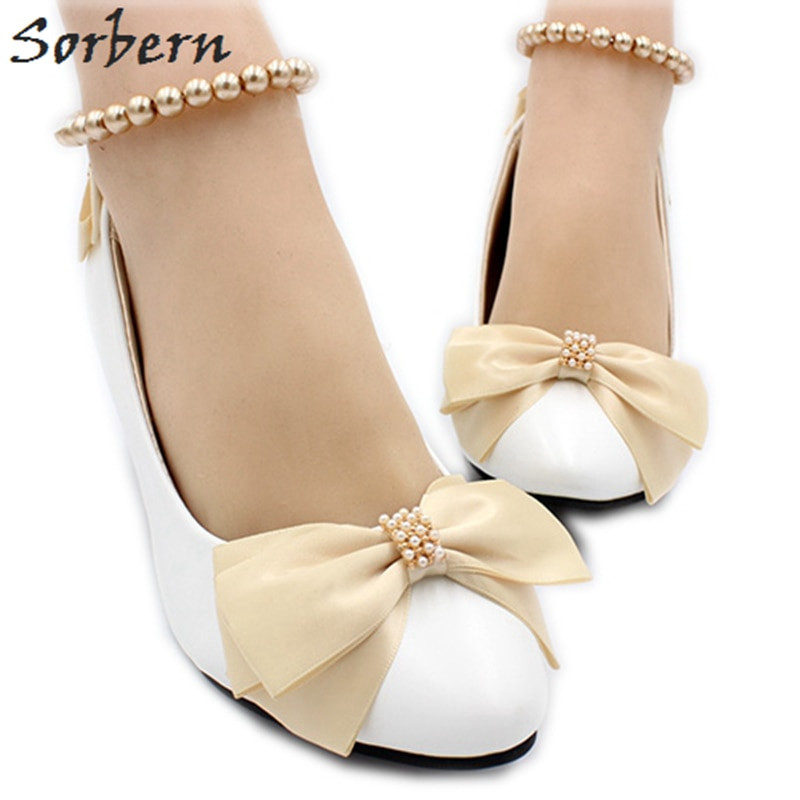 Cheap White Wedding Shoes
 Sorbern Champagne Bow White Wedding Shoes Beading Ankle