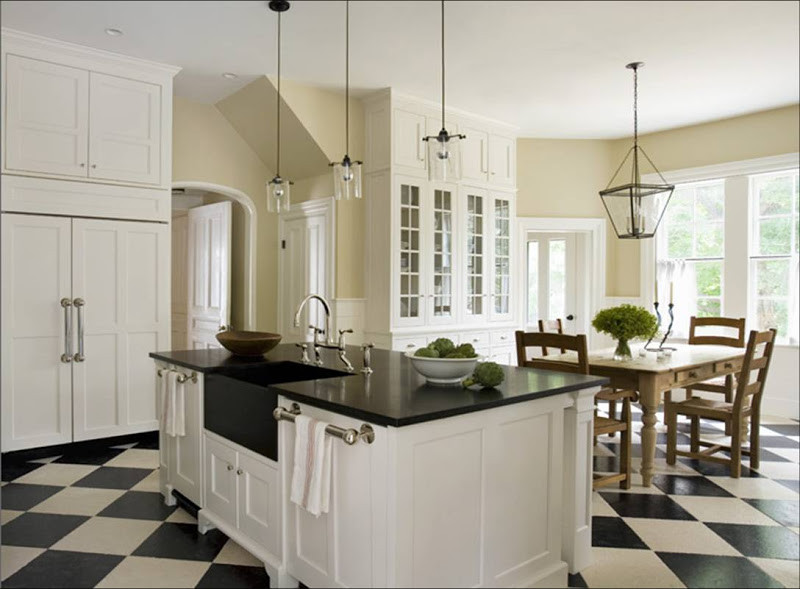Checkered Kitchen Floor
 Rocky Bella White Kitchen Cabinets
