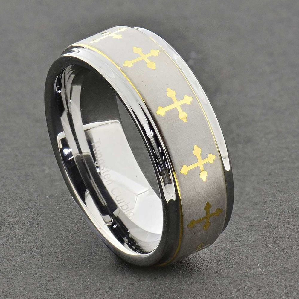 Christian Wedding Rings
 8mm Christian Cross Etch Brushed Step Edge Tungsten Men s