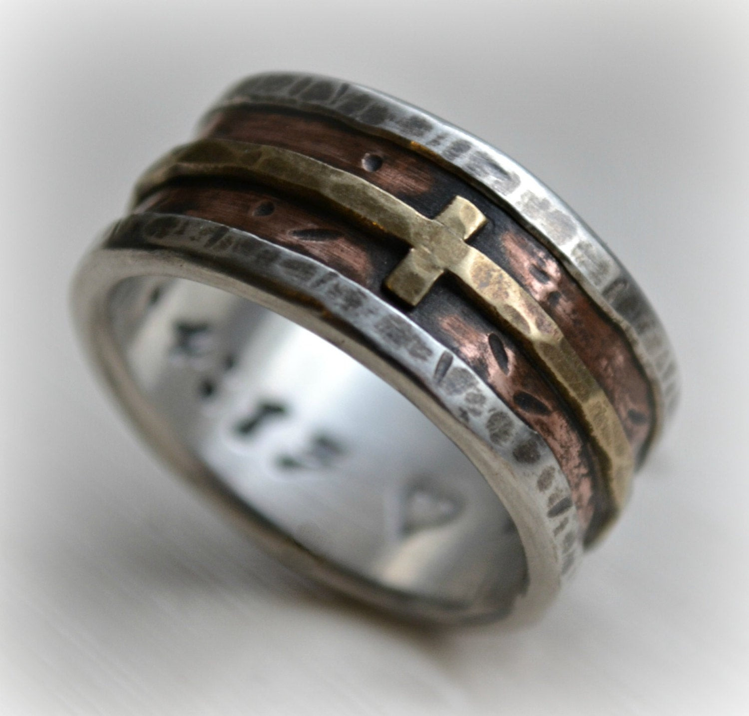 Christian Wedding Rings
 mens wedding band rustic fine silver copper and brass cross