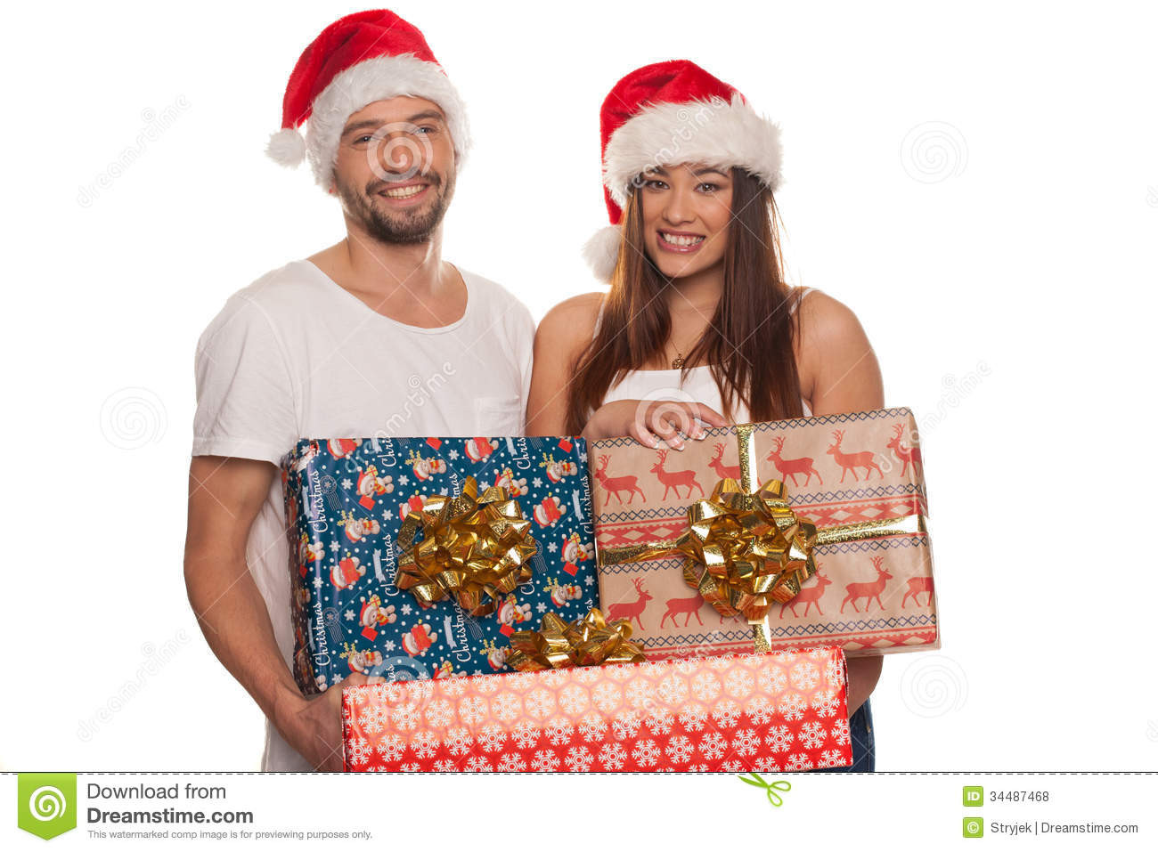 Christmas Gift Ideas Young Couple
 Happy Couple Carrying Christmas Gifts Royalty Free Stock