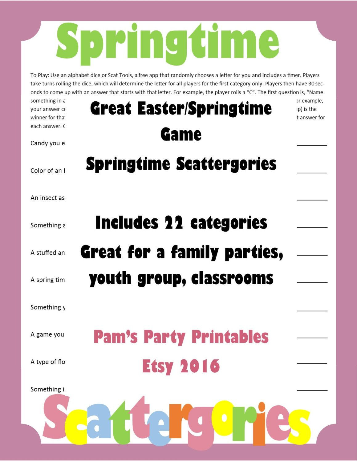 Classroom Easter Party Food Ideas
 Easter Springtime Scattergories Printable Game Family