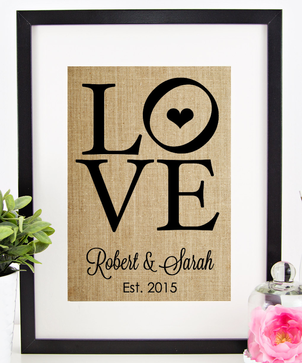 Couple Wedding Gift Ideas
 Personalized Wedding Gift for Couple Burlap Print LOVE Sign